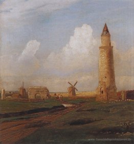 Dorf Bulgaren. Kleines Minarett und die Ruinen des Weißen Hauses