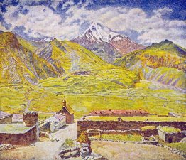 Georgia. Kazbek (Tag). Georgische Heerstraße. Berge und das Dorf
