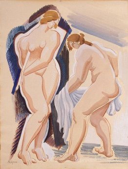 Zwei nackte Frau-Figuren mit einem Tuch