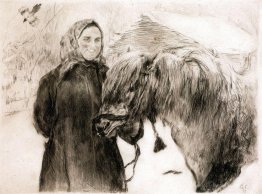 In einem Dorf. Ländliche Frau mit einem Pferd