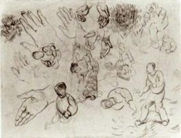 Blatt mit Händen und mehrere Figuren
