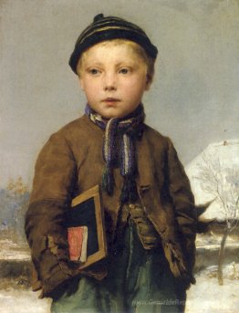 Schule Junge mit Schiefertafel in einer verschneiten Landschaft