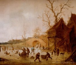 Winterlandschaft mit Schlittschuhläufer, Kinder, Kolf und Fakten