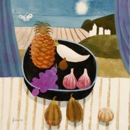 Stilleben mit Ananas und Schmetterling