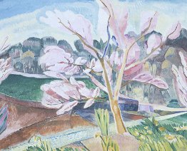 Landschaft mit blühenden Pfirsich