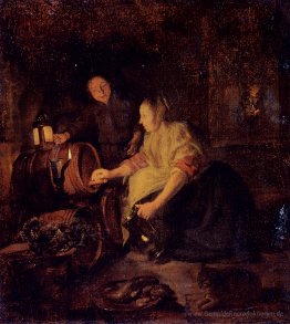 A Woman Drawing Wein aus einem Barrel