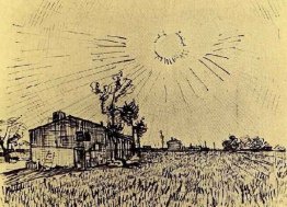 Feld mit Häuser unter einem Himmel mit Sun Disk