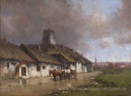 Pferd und Wagen Mit Cottage unter stürmischen Himmel