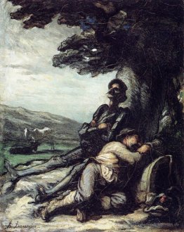 Don Quijote und Sancho Pansa, der einen Rest unter einem Baum