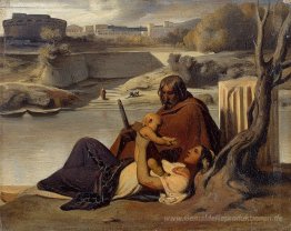 Stillstehen auf dem Ufer des Tiber