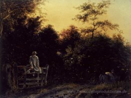 Landschaft mit einer Spur und ein Mann sitzt auf einem Gate-