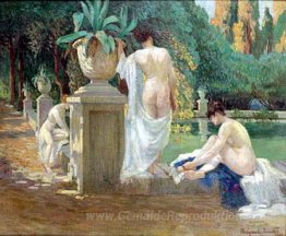 Frauen auf dem Teich-Ufer