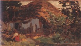 Farm-Hof mit Mädchen im roten Rock