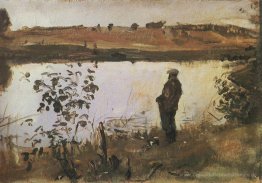 Künstler K. Korovin am Ufer des Flusses