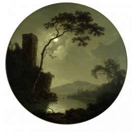 See mit Schloss auf einem Hügel
