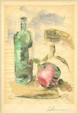 Stillleben mit Granatapfel, Flasche und Stuhl