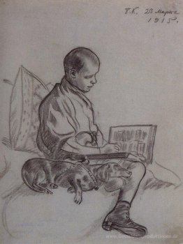 Junge mit Hund (Porträt von Cyril Kustodiev, Sohn des Künstlers)