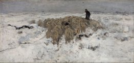 Schafherde mit Schäfer in den Schnee