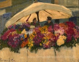 Blumenmärkte mit weißem Regenschirm