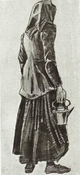 Frau mit Wasserkocher, gesehen von der Rückseite