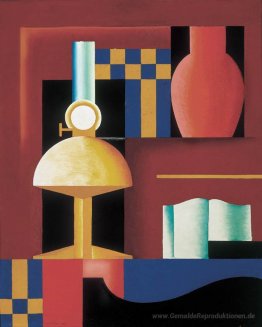 Komposition mit Paraffin-Lampe, Vase und buchen