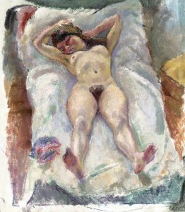 Frau liegend mit erhobenen Armen