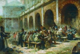 Mahlzeit von Pilgern in der Dreifaltigkeitskloster von Sergijew
