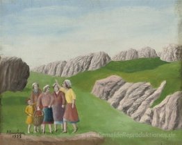 Cinq person dans un paysage de montagne