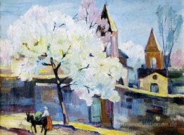 Surb Zoravor Kirche. Blühende Aprikosenbaum.