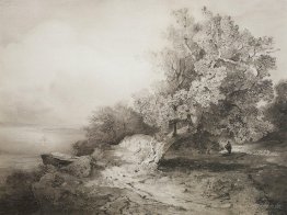 Alte Eiche auf dem Felsen über dem Fluss