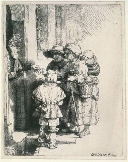Bettler auf der Türstufe eines Hauses
