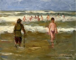 Jungen Baden mit Strand Warden