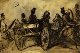 Wagen und drei Herren auf Pferde