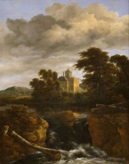 Landschaft mit einem Wasserfall und Schloss