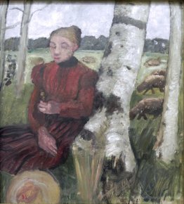 Mädchen am Birkenbaum und Schafherde im Hintergrund