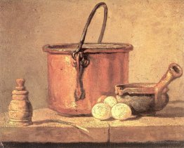 Stillleben von Kochutensilien, Kochkessel, Kasserolle und Eier