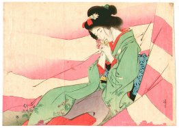 Bijin in rosa und weißen Vorhang