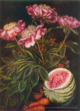 Stillleben "Wassermelone, Karotten, Blumen"