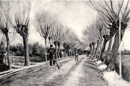 Straße mit Kopfweiden und Mann mit Besen