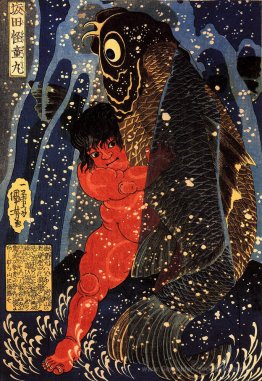 Sakata Kintoki kämpft mit einem riesigen Karpfen in einem Wasser