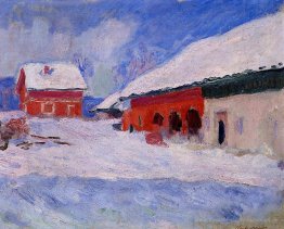 Rote Häuser am Bjornegaard im Schnee, Norwegen
