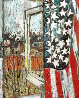 Von der Coach House Fenster, mit einem 45 spielen Flagge mit Vor