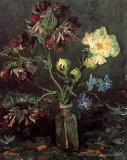Vase mit Myosotis und Pfingstrosen