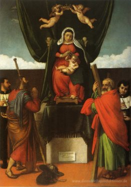 Madonna und Kind inthronisierte mit vier Heiligen