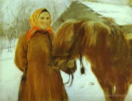 In einem Dorf. Ländliche Frau mit einem Pferd