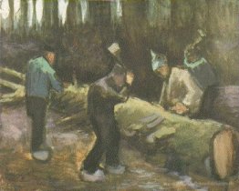 Vier Männer Schneiden von Holz