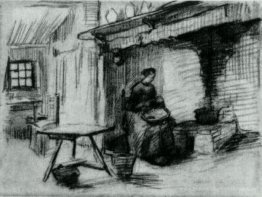 Interior with Ländliche Frau, die in der Nähe der Kamin