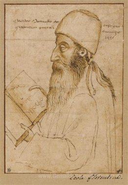 Portrait von Manuel Chrysoloras trägt einen Hut und hält ein Buc