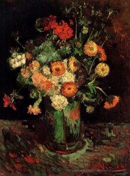 Vase mit Zinnias und Pelargonien