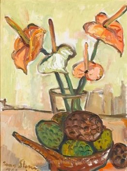 Stilleben mit Lilien und Obst